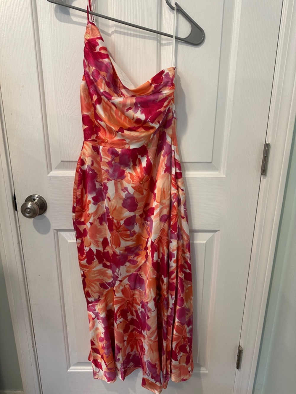 Floral One Shoulder Slip Dress in Pink & Orange